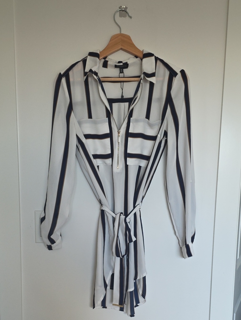 Striped White Tunic Long Shirt with Navy and Gold Accent